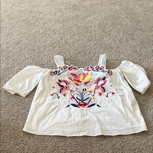Tanya Taylor White Blouse with Vibrant Floral Embroidery